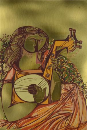 Vittorio Maria Di Carlo LA SUONATRICE serigrafia su ottone, cm 35x25; es....