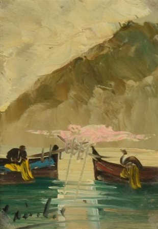 Aldo Pironti LA PESCA olio su masonite, cm 18x13 firma