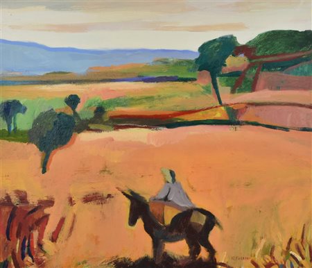 Annibale Follini CAVALCATA olio su tela, cm 60x70 firma