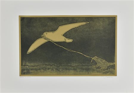 Francesco Casorati GABBIANO E RANA incisione su carta, battuta cm 32x49, su...
