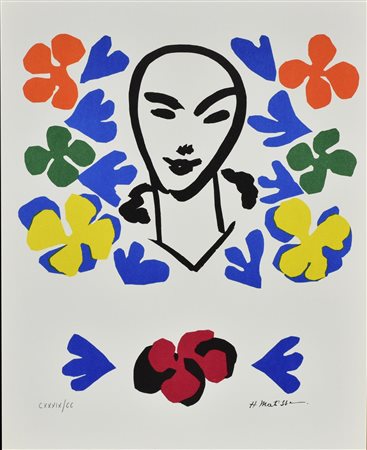Henri Matisse MASCHERA CON FIORI litografia su carta (d'apres), cm 43x33,5;...