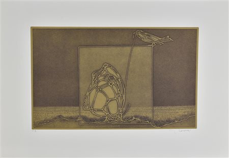 Francesco Casorati FARFALLA E UCCELLO incisione su carta, battuta cm 32x49,...