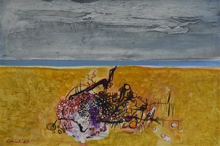 Giovanni Checchi VEGETALE SULLA SPIAGGIA olio su masonite, cm 40x60 firma e...