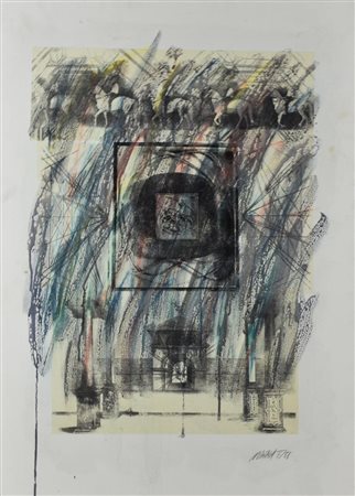 Noriaki Takahashi PAESAGGIO ARCHITETTONICO olio, collage e tecnica mista su...