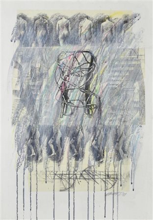 Noriaki Takahashi SEDIA E FIGURE IN MOVIMENTO olio, collage e tecnica mista...