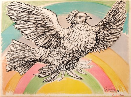 Pablo Picasso (Málaga 1881-Mougins 1973)  - Colombe volant (à l'arc-en-ciel), 1952