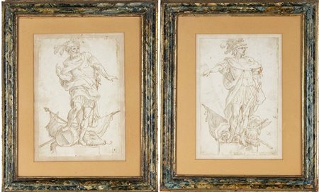 Figure di condottieri in costume classico con trofei militari. Coppia di disegni