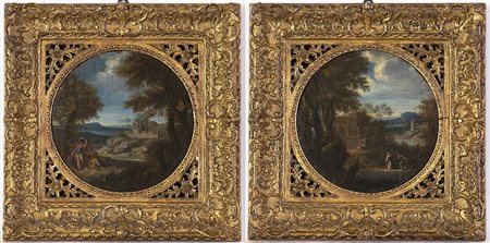 Paesaggi con figure e architetture. Coppia di dipinti