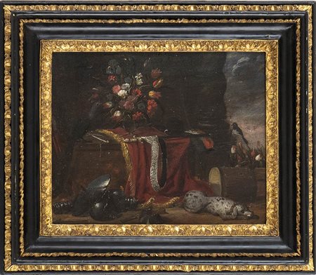 Natura morta con vaso di fiori, strumenti militari e un cane