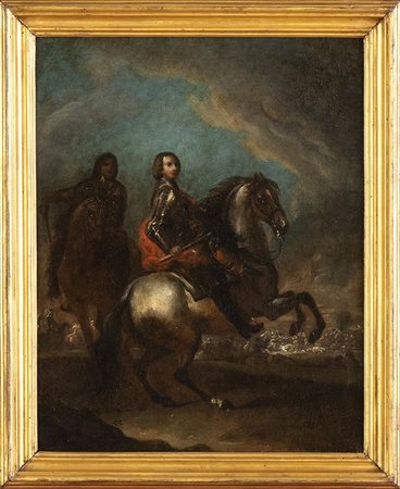 Condottiero a cavallo con scontro di cavallerie sullo sfondo