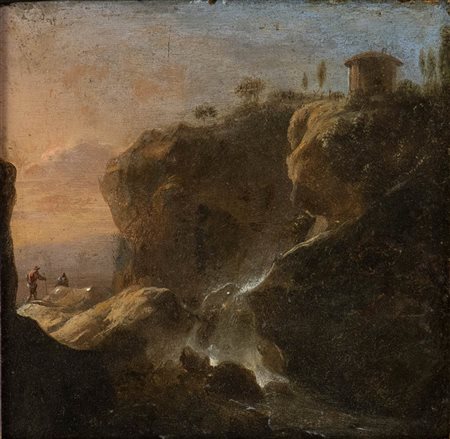 Paesaggio con figure, cascata e il Tempio della Sibilla a Tivoli