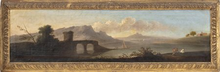 Paesaggio con ponte, torre cilindrica, corso d'acqua e figure