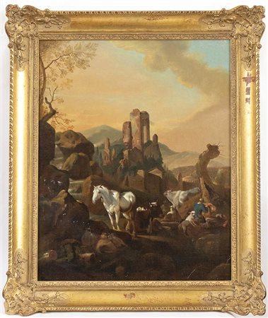 Paesaggio con rovine, figure e cavallo bianco