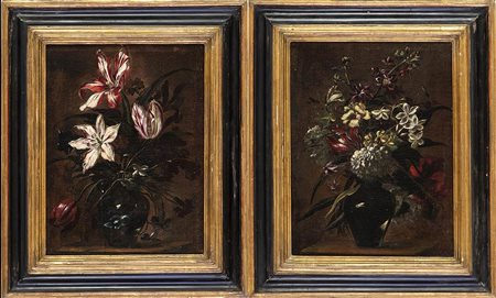 Bouquet di fiori entro vasi di cristallo. Coppia di dipinti