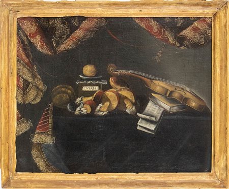 Natura morta con funghi, violino e un barattolo chiuso con scritta "capari"