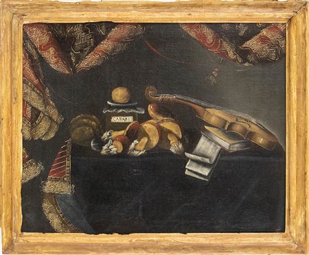 Natura morta con funghi, violino e un barattolo chiuso con scritta "capari"