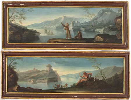 Scena costiera con San Giovanni Battista e barche di pescatori sullo sfondo - Scena costiera con San Francesco e frate Leone e barca con pescatori sullo sfondo. Coppia di dipinti sovraporta