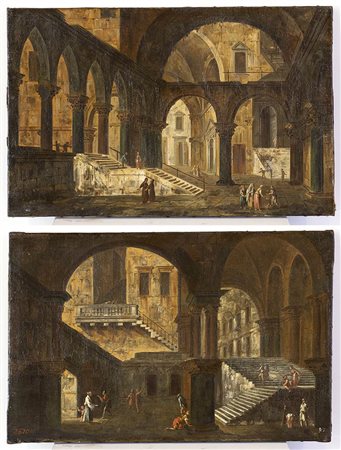 Coppia di interni architettonici con figure