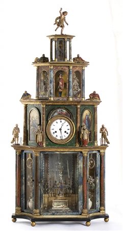 Grande orologio da tavolo in legno intagliato, scolpito, dorato e dipinto 