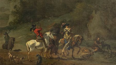 Grande paesaggio con cavalieri in primo piano e borgo sullo sfondo