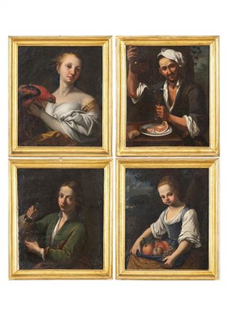 A) Giovinetta con pappagallo;  B) Oste con caraffa e bicchiere di vino bianco;  C) Giovane con fiasco e bicchiere di vino;  D) Fanciulla con frutta. Serie di quattro dipinti