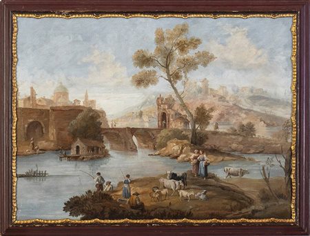 Paesaggio con fiume, pescatori e armenti