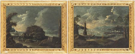 Veduta dell'isola di Procida da Napoli -  Veduta del porto di Napoli. Coppia di dipinti