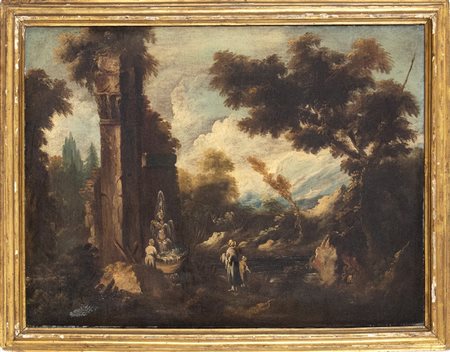 Paesaggio con rovine, fontana e figure presso un corso d'acqua