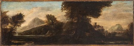 Paesaggio con corso d'acqua e borgo turrito sullo sfondo