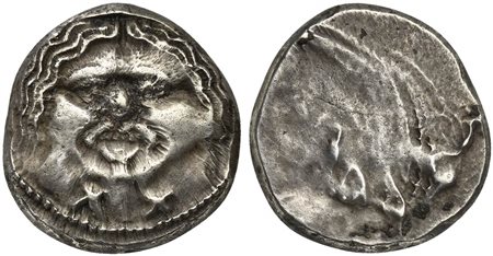 Etruria, Populonia, 20 Asses, ca. 320-280 BC; AR (g 8,68; mm 21); Gorgoneion;...