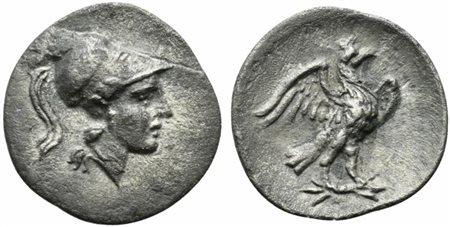 Latium, Alba Fucens, Obol, ca. 280-275 BC; AR (g 0,55; mm 12; h 5); Helmeted...
