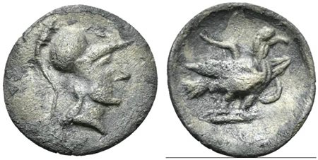 Latium, Alba Fucens, Obol, ca. 280-275 BC; AR (g 0,58; mm 12; h 11); Helmeted...