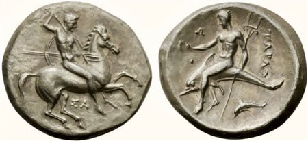 Apulia, Tarentum, Nomos, ca. 332-302 BC; AR (g 8,11; mm 22; h 12); Horseman...