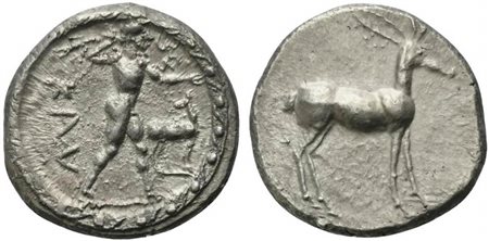 Bruttium, Caulonia, Stater, ca. 475-425 BC; AR (g 8,05; mm 22; h 12); KAV,...