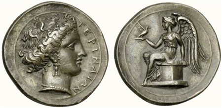 Bruttium, Terina, Stater, ca. 300-356 BC; AR (g 7,50; mm 22; h 6); TEPINAIΩN,...