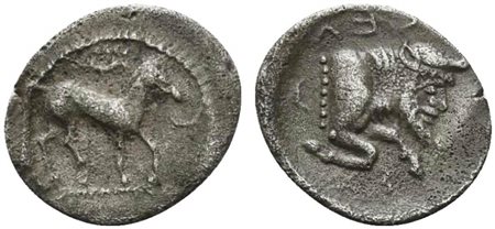 Sicily, Gela, Litra, ca. 465-450 BC; AR (g 0,71; mm 12; h 12); Bridled horse...