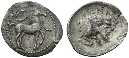 Sicily, Gela, Litra, ca. 465-450 BC; AR (g 0,61; mm 12; h 6); Bridled horse...