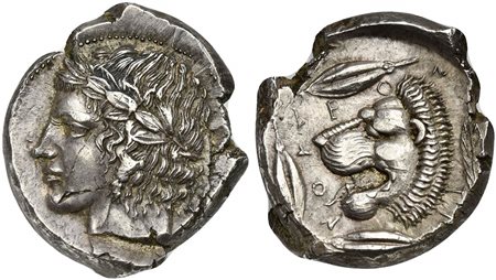 Sicily, Leontini, Tetradrachm, ca. 425 BC; AR (g 17,17; mm 27; h 11);...