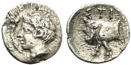 Sicily, Stiela, Hemilitron, ca. 415-400 BC; AR (g 0,37; mm 8; h 9); Head of a...