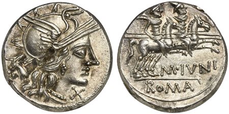 M. Junius Silanus, Denarius, Rome, 145 BC; AR (g 3,85; mm 18; h 3); Helmeted...