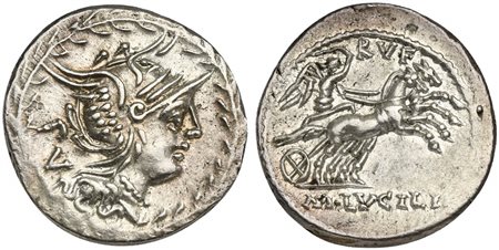M. Lucilius Rufus, Denarius, Rome, 101 BC; AR (g 4,00; mm 20; h 2); Helmeted...