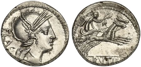 L. Rutilius Flaccus, Denarius, Rome, 77 BC; AR (g 4,16; mm 18; h 6); Helmeted...