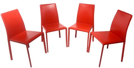 N.4 sedie con struttura in metallo, rivestita in pelle color rosso,...