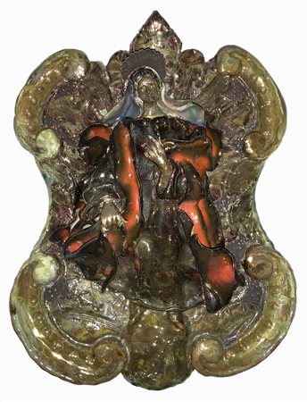 Bonaccorso Caltagirone, placca in terracotta maiolicata e lustrata al terzo...