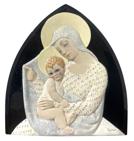 Capezzale a punta gotica in maiolica raffigurante Madonna con Bambino
