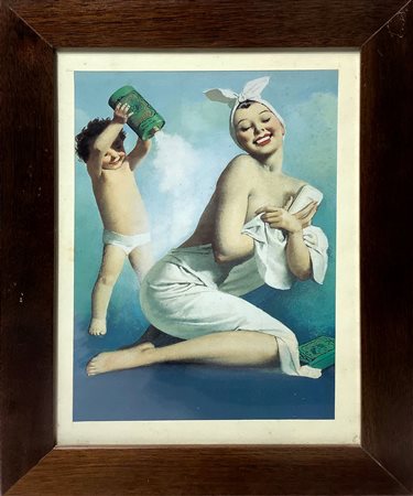 Stampa pubblicitaria della Borotalco, raffigurante donna e bambino, disegno...