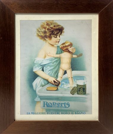 Stampa pubblicitaria della Roberts, raffigurante bambina con bambola, disegno...