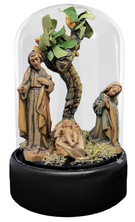 Piccolo presepe in teca di vetro, XX secolo. H cm 21, diametro cm 14.
