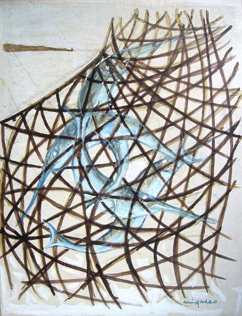 Migneco Giuseppe "rete con pesci" Tempera su carta intelata cm 46 x 60 anni...