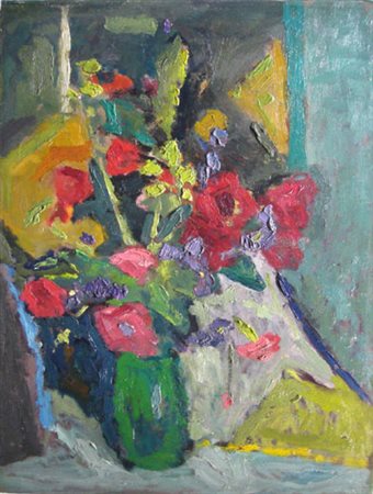 Moro Gino "vaso di papaveri" olio su tavola cm 45 x 60 anno 1959 Firma a...